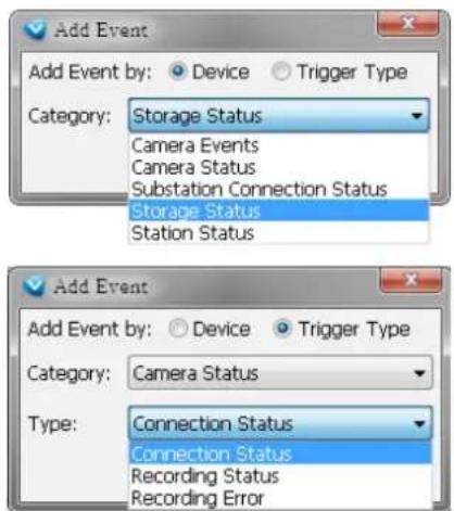 Add Event Add Event by: Device Trigger Type Category: Storage Status Camera Events Camera Status Substation Connection Status Storage Status Station Status Add Event Add Event by: Device Trigger Type Category: Camera Status Type: Connection Status Connection Status Recording Status Recording Error