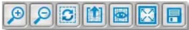 Row of eight blue icons representing search, refresh, upload, eye, download, and file storage functions