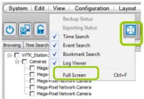 System Edit View Configuration Layout Browsing Time Search Backup Status Exporting Status ✓ Time Search ✓ Event Search ✓ Bookmark Search ✓ Log Viewer Full Screen Ctrl+F WTK Station Cameras Mega- Mega- Mega-Pixel Network Camera Mega-Pixel Network Camera Mega-Pixel Network Camera
