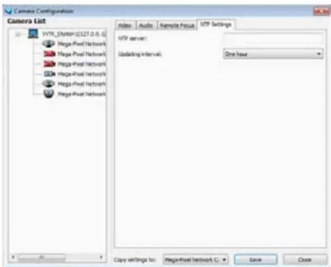 Camera Configuration Camera List WTR Station 10127.0.6.1 Mega-Pixel Network Mega-Pixel Network Mega-Pixel Network Mega-Pixel Network Mega-Pixel Network Video Audio Remote Focus NTP Settings NTP server: Updating Interval: One hour Copy settings to: Mega-Pixel Network C: Save Close