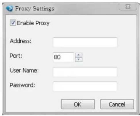 Proxy Settings Enable Proxy Address: Port: 80 User Name: Password: OK Cancel