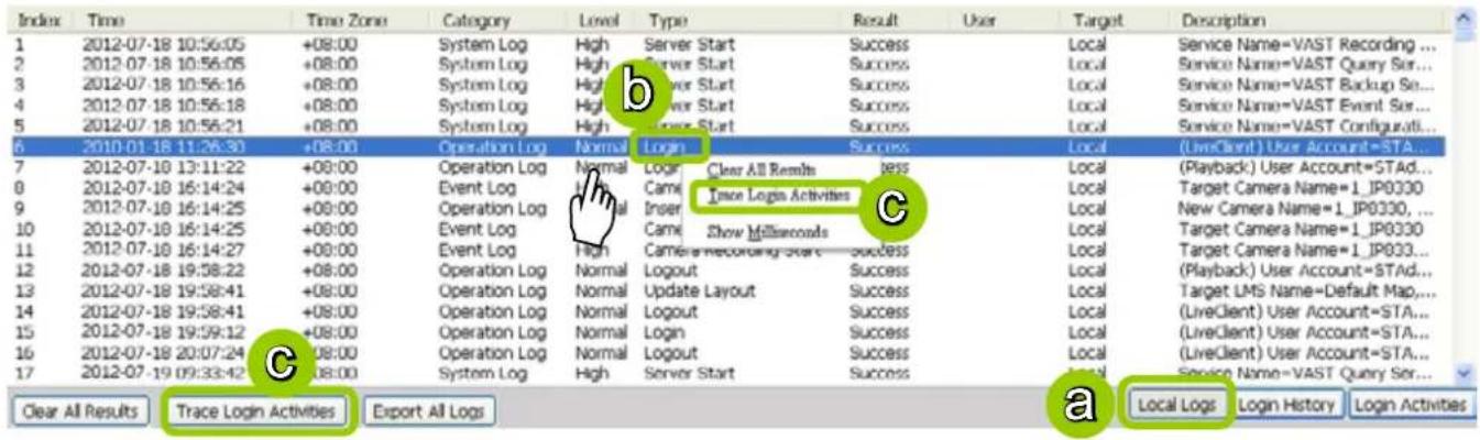 Index Time Time Zone Category Level Type Result User Target Description 1 2012-07-18 10:56:05 +08:00 System Log High Server Start Success Local Service Name=VAST Recording ... 2 2012-07-18 10:56:05 +08:00 System Log High Server Start Success Local Service Name=VAST Query Ser... 3 2012-07-18 10:56:16 +08:00 System Log High Server Start Success Local Service Name=VAST Backup Ser... 4 2012-07-18 10:56:18 +08:00 System Log High Server Start Success Local Service Name=VAST Event Ser... 5 2012-07-18 10:56:21 +08:00 System Log High Server Start Success Local Service Name=VAST Configurati... 6 2010-01-18 11:26:30 +08:00 Operation Log Normal Login Success Local (LiveClient) User Account=STA... 7 2012-07-18 13:11:22 +08:00 Operation Log Normal Login Clear All Results less Local (Playback) User Account=STAd... 8 2012-07-18 16:14:24 +08:00 Event Log Normal Camer Store Login Activities Local Target Camera Name=1_IP0330 9 2012-07-18 16:14:25 +08:00 Operation Log Normal Inser Local New Camera Name=1_IP0330, ... 10 2012-07-18 16:14:25 +08:00 Event Log Normal Camer Show Millseconds Local Target Camera Name=1_IP0330 11 2012-07-18 16:14:27 +08:00 Event Log High Camera recording store success Local Target Camera Name=1_IP033... 12 2012-07-18 19:58:22 +08:00 Operation Log Normal Logout Success Local (Playback) User Account=STAd... 13 2012-07-18 19:58:41 +08:00 Operation Log Normal Update Layout Success Local Target LMS Name=Default Map.... 14 2012-07-18 19:58:41 +08:00 Operation Log Normal Logout Success Local (LiveClient) User Account=STA... 15 2012-07-18 19:59:12 +08:00 Operation Log Normal Login Success Local (LiveClient) User Account=STA... 16 2012-07-18 20:07:24 +08:00 Operation Log Normal Logout Success Local (LiveClient) User Account=STA... 17 2012-07-19 09:33:42 +08:00 System Log High Server Start Success Local Service Name=VAST Query Ser... Clear All Results Trace Login Activities Export All Logs Local Logs Login History Login Activities
