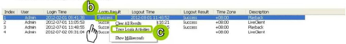Index User Login Time Login Result Logout Time Logout Result Time Zone Description 1 Admin 2012-02-01 09:41:38 Success 2012-08-01 11:48:52 Success +08:00 Playback 2 Admin 2012-07-01 11:05:53 Success Clear All Results 1:16:21 Success +08:00 LiveClient 3 Admin 2012-07-01 11:48:55 Success Trace Login Activities Success +08:00 Playback 4 Admin 2012-07-02 09:31:04 Success Show Milliseconds G Show Milliseconds
