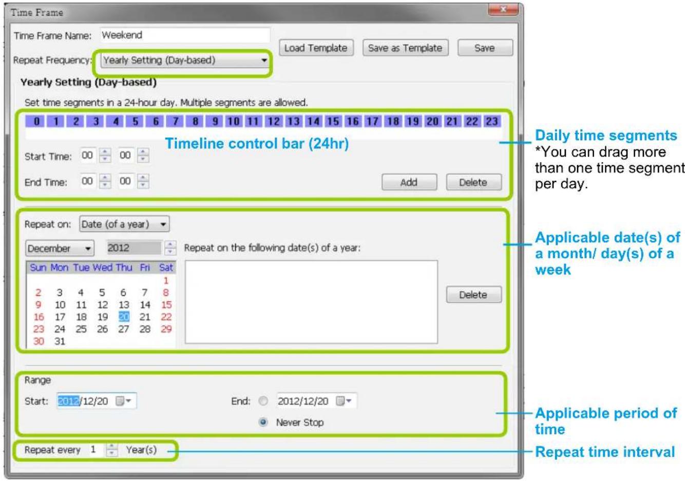 Time Frame Time Frame Name: Weekend Repeat Frequency: Yearly Setting (Day-based) Yearly Setting (Day-based) Set time segments in a 24-hour day. Multiple segments are allowed. 0 1 2 3 4 5 6 7 8 9 10 11 12 13 14 15 16 17 18 19 20 21 22 23 Start Time: 00 00 End Time: 00 00 Timeline control bar (24hr) Add Delete Repeat on: Date (of a year) December 2012 Repeat on the following date(s) of a year: Sun Mon Tue Wed Thu Fri Sat 1 2 3 4 5 6 7 8 9 10 11 12 13 14 15 16 17 18 19 20 21 22 23 24 25 26 27 28 29 30 31 Range Start: 2012/12/20 End: 2012/12/20 Never Stop Repeat every 1 Year(s) Daily time segments *You can drag more than one time segment per day. Applicable date(s) of a month/ day(s) of a week Applicable period of time Repeat time interval