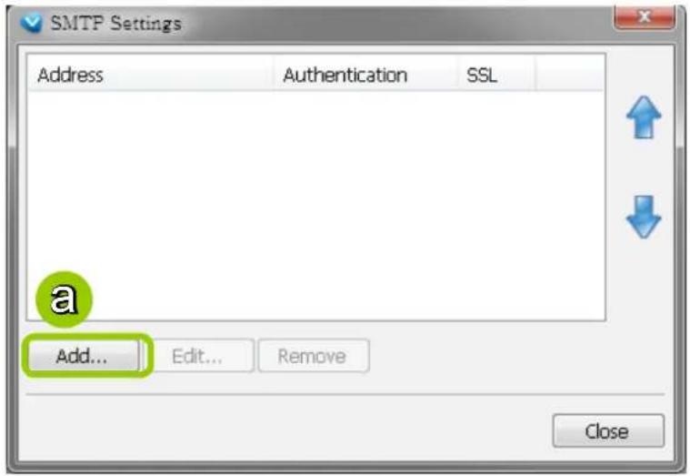 SMTP Settings Address Authentication SSL a Add... Edit... Remove Close