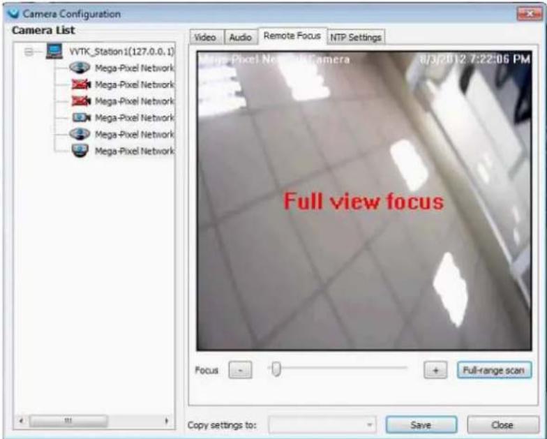 Camera Configuration Camera List VYTK Station 1(127.0.0.1) Mega-Pixel Network Mega-Pixel Network Mega-Pixel Network Mega-Pixel Network Mega-Pixel Network Video Audio Remote Focus NTP Settings Mega Pixel Network Camera 8/3/2012.7:22:06 PM Full view focus Focus Full-range scan Copy settings to: Save Close