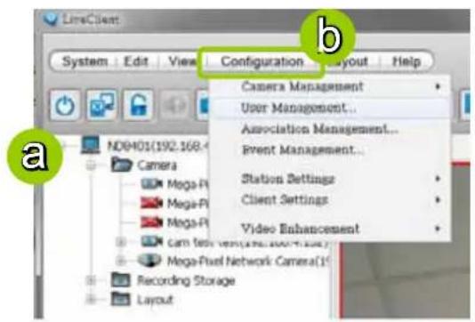 LineClient System Edit View Configuration Layout Help Camera Management User Management... Association Management... Event Management... Station Settings Client Settings Video Enhancement NDH01(192.168) Camera Mega-PI Mega-PI Mega-PI cam tet vem(192.168) Mega-Pixel Network Camera(192.168) Recording Storage Layout