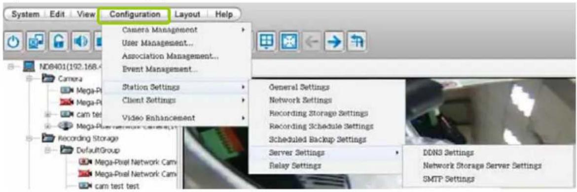 System Edit View Configuration Layout Help Camera Management User Management... Association Management... Event Management... Station Settings Client Settings Video Enhancement General Settings Network Settings Recording Storage Settings Recording Schedule Settings Scheduled Backup Settings Server Settings Relay Settings DDN3 Settings Network Storage Server Settings SMTP Settings