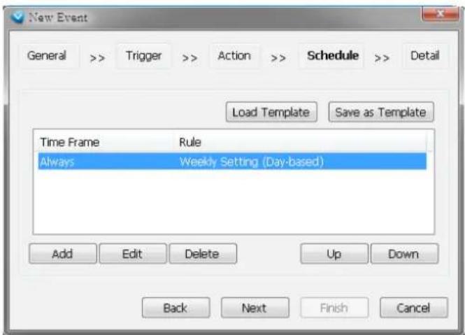 New Event General >> Trigger >> Action >> Schedule >> Detail Load Template Save as Template Time Frame Rule Always Weekly Setting (Day-based) Add Edit Delete Up Down Back Next Finish Cancel