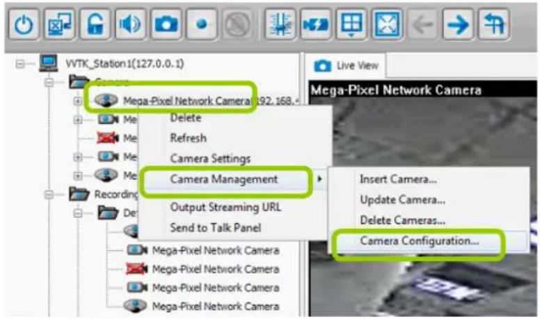 VWTK Station 1(127.0.0.1) GPT Mega-Pixel Network Camera 192.168.4 Delete Refresh Camera Settings Camera Management Output Streaming URL Send to Talk Panel Insert Camera... Update Camera... Delete Cameras... Camera Configuration...