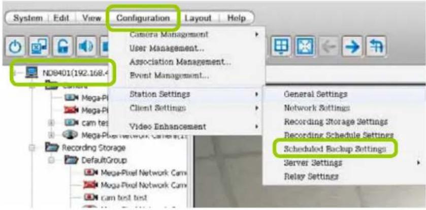 System Edit View Configuration Layout Help Camera Management User Management... Association Management... Event Management... ND8401(192.168.4 Camera Mega-PI Mega-PI cam tes Mega-PI Network Camera Recording Storage DefaultGroup Mega-PI Network Camx Mega-PI Network Camx cam test test Station Settings Client Settings Video Enhancement General Settings Network Settings Recording Storage Settings Recording Schedule Settings Scheduled Backup Settings Server Settings Relay Settings