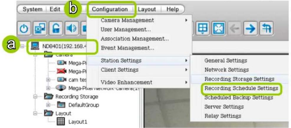 System Edit b Configuration Layout Help Camera Management User Management... Association Management... Event Management... ND8401(192.168.4 Camera Mega-PI Mega-PI cam tes Mega-Pixel Network Camera(15 Recording Storage DefaultGroup Layout Layout1 Station Settings Client Settings Video Enhancement General Settings Network Settings Recording Storage Settings Recording Schedule Settings Scheduled Backup Settings Server Settings Relay Settings