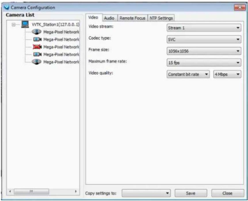 Camera Configuration Camera List VWTK_Station1(127.0.0.1) Mega-Pixel Network Mega-Pixel Network Mega-Pixel Network Mega-Pixel Network Mega-Pixel Network Video Audio Remote Focus NTP Settings Video stream: Stream 1 Codec type: SVC Frame size: 1056x1056 Maximum frame rate: 15 fps Video quality: Constant bit rate 4 Mbps Copy settings to: Save Close