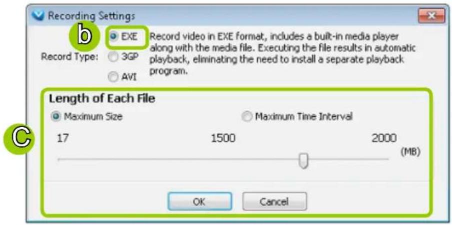 Recording Settings b EXE Record Type: 3GP AVI Record video in EXE format, includes a built-in media player along with the media file. Executing the file results in automatic playback, eliminating the need to install a separate playback program. Length of Each File Maximum Size Maximum Time Interval 17 1500 2000 (MB) OK Cancel