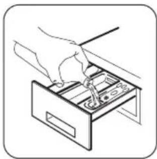 Illustration of a hand using a tool to adjust or install a file into a drawer (no text or symbols visible)