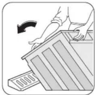Illustration of hands installing or adjusting a wooden structure with a curved arrow indicating rotation (no text or symbols)