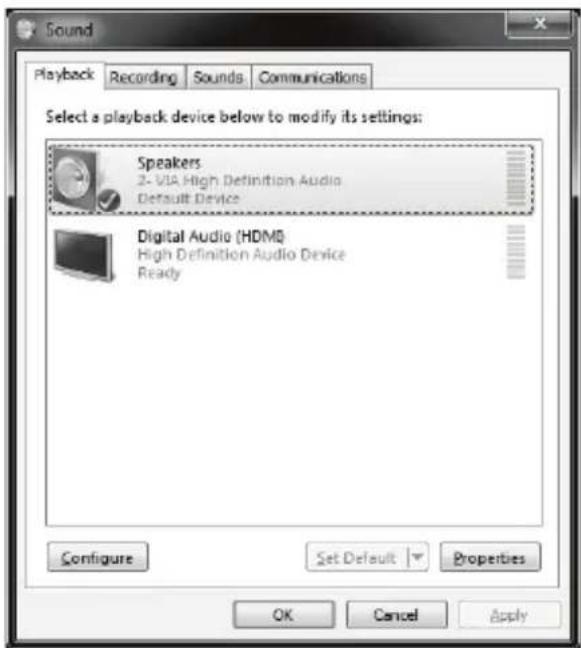 Sound Playback Recording Sounds Communications Select a playback device below to modify its settings: Speakers 2- VIA High Definition Audio Default Device Digital Audio (HDMI) High Definition Audio Device Ready Configure Set Default Properties OK Cancel Apply