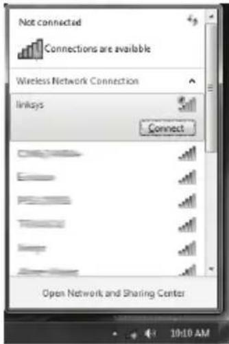Not connected Connections are available Wireless Network Connection links Connect Open Network and Sharing Center