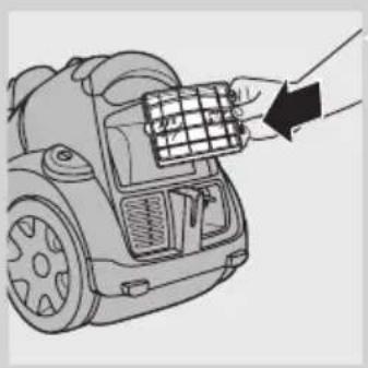 Line drawing of a robotic vacuum cleaner with a hand inserting a grid into its air gap.