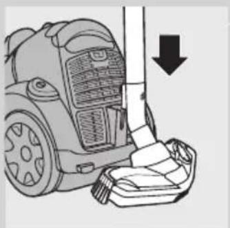 Illustration of a vacuum cleaner's side arm with a downward arrow indicating motion.
