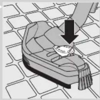 Illustration of a sofa with a hand holding a plate and a downward arrow, placed on a tiled floor (no text or symbols)