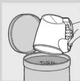 Line drawing of a hand pouring liquid from a container into a cylindrical container (no text or symbols).