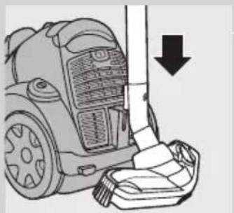 Illustration of a vacuum cleaner's side arm with a downward arrow indicating motion (no text or symbols)