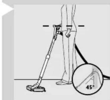 Diagram showing a person using a vacuum cleaner with a 45-degree angle measurement annotation.