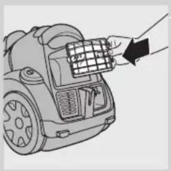 Line drawing of a robotic vacuum cleaner with a hand holding a grid device (no text or symbols)