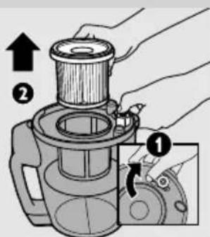 Diagram showing a hand operating a mechanical device with labeled parts and directional arrows indicating process steps.