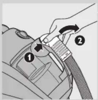 Diagram showing a hand holding a device with labeled parts, including numbered callouts ① and ②.