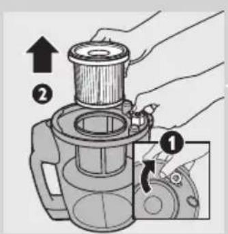 Diagram showing a hand operating a mechanical device with labeled parts and directional arrows indicating movement or assembly.