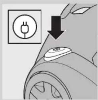 Diagram showing a hand holding an electric plug icon next to a car's wheel, with a downward arrow indicating the process.