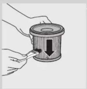 Illustration of hands using a tool to remove a cylindrical object with a downward arrow (no text or symbols).