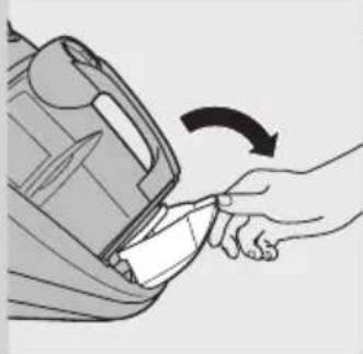 Illustration of a hand inserting a plastic bag into a container with an arrow indicating rotation.