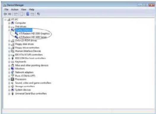 Device Manager File Action View Help PT-PC Computer Disk drives XTT Radeon HD 300 Graphics XTT Radeon HD 300 Series DVI-CD-ROM drives Floppy disk drives Floppy drive controllers Human Interface Devices IDE ATA/ATAPE controllers KEES L204 bus load controllers Keyboards Moss and other pointing devices Monitors Network adapters Purs (COM & LPT) Processors Sound, video and game controllers Storage controllers System devices Universal Serial Bus controllers
