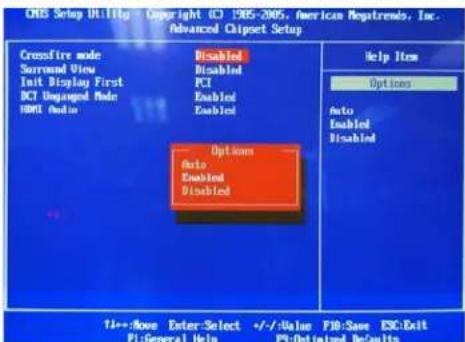 ChEB Setup UTI1g Copyright © 1985-2005, American Monetremo, Inc. Advanced Chipset Setup Crossfire mode Surround View Init Display First DCT Disanged Mode HDMI Audio Disabled PCI Enabled Enabled Options Auto Enabled Disabled Help Item Options Auto Enabled Disabled 1+---:Move Enter:Select +/-/Value FIB:Save ESC:Exit F1:General Help P3:Optimized Defaults