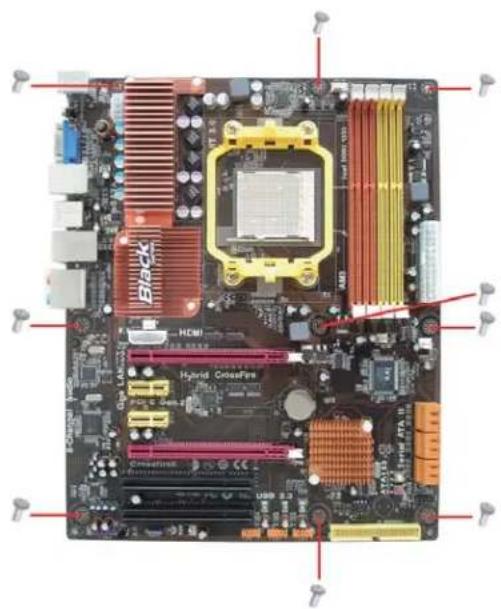 Labeled diagram of a computer motherboard showing CPU socket, RAM slots, and processor components with annotations