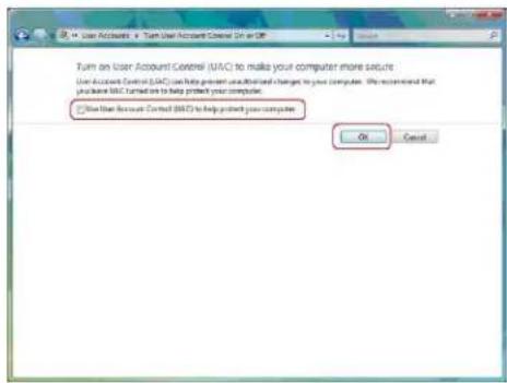 Turn on User Account Control (UAC) to make your computer more secure User Account Control (UAC) can help prevent uncontrolled changes to your computer. We recommend that you have UAC turned to help protect your computer. □ Use User Account Control (UAC) to help protect your computer. OK Cancel