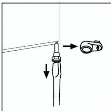 Diagram showing a tool interacting with a device, with arrows indicating movement or force direction.