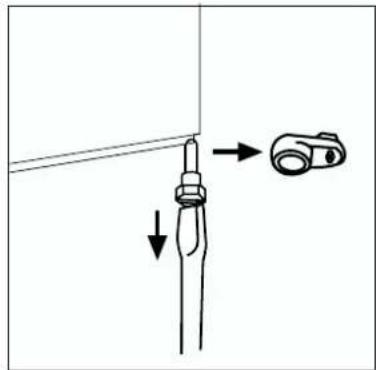 Diagram showing a tool interacting with a device, with directional arrows indicating movement or force direction.