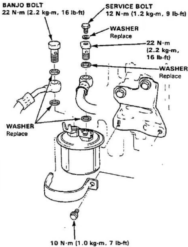 BANJO BOLT 22 N·m (2.2 kg·m, 16 lb-ft) SERVICE BOLT 12 N·m (1.2 kg·m, 9 lb-ft) WASHER Replace 22 N·m (2.2 kg·m, 16 lb-ft) WASHER Replace WASHER Replace 10 N·m (1.0 kg·m, 7 lb-ft)