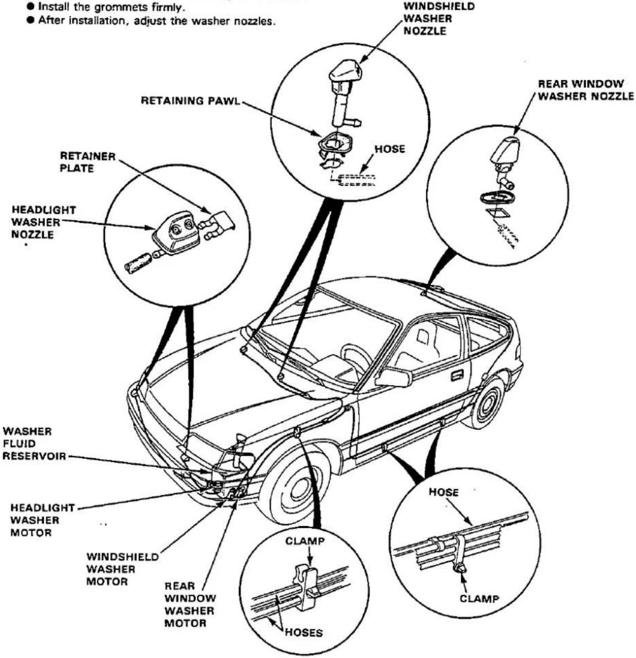 ● Install the grommets firmly. ● After installation, adjust the washer nozzles. WINDSHIELD WASHER NOZZLE RETAINING PAWL HOSE REAR WINDOW WASHER NOZZLE RETAINER PLATE HEADLIGHT WASHER NOZZLE WASHER FLUID RESERVOIR HEADLIGHT WASHER MOTOR WINDSHIELD WASHER MOTOR REAR WINDOW WASHER MOTOR HOSE HOSES CLAMP CLAMP