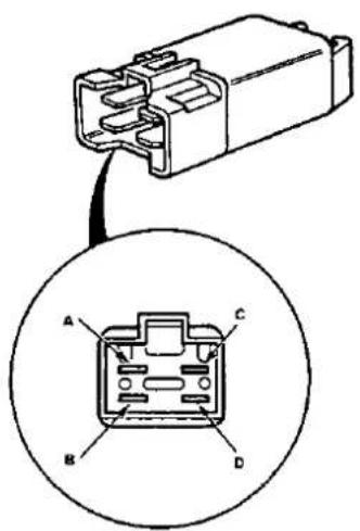 Diagram of an electrical connector with labeled terminals A, B, C, D showing internal structure and wiring connection
