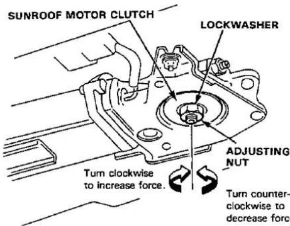 SUNROOF MOTOR CLUTCH LOCKWASHER ADJUSTING NUT Turn clockwise to increase force. Turn counter-clockwise to decrease force