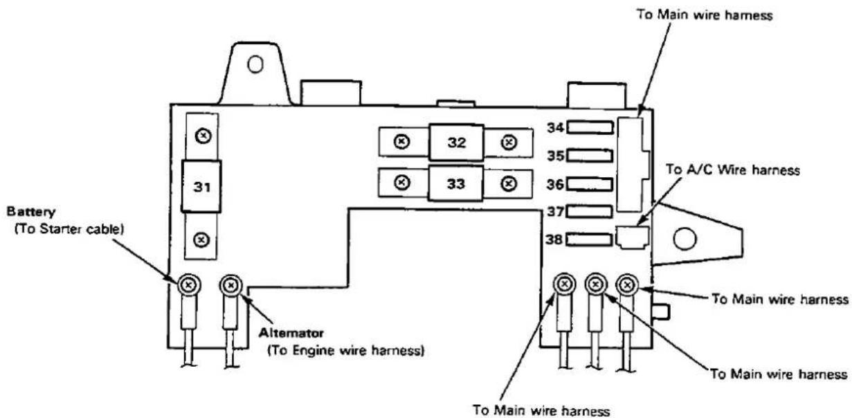 To Main wire harness 34 35 36 37 38 To A/C Wire harness Battery (To Starter cable) Alternator (To Engine wire harness) To Main wire harness To Main wire harness