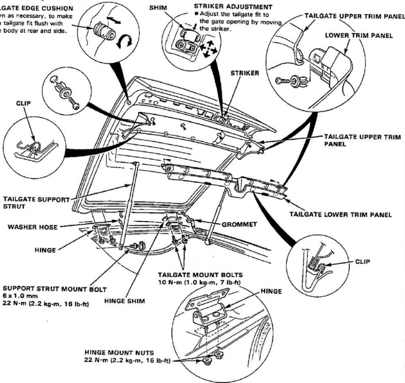 GATE EDGE CUSHION m as necessary, to make tailgate fit flush with body at rear and side. SHIM STRIKER ADJUSTMENT • Adjust the tailgate fit to the gate opening by moving the striker. TAILGATE UPPER TRIM PANEL LOWER TRIM PANEL STRIKER TAILGATE UPPER TRIM PANEL TAILGATE LOWER TRIM PANEL GROMMET TAILGATE SUPPORT STRUT WASHER HOSE HINGE SUPPORT STRUT MOUNT BOLT 6 x 1.0 mm 22 N·m (2.2 kg·m, 16 lb-ft) HINGE SHIM TAILGATE MOUNT BOLTS 10 N·m (1.0 kg·m, 7 lb-ft) HINGE HINGE MOUNT NUTS 22 N·m (2.2 kg·m, 16 lb-ft)