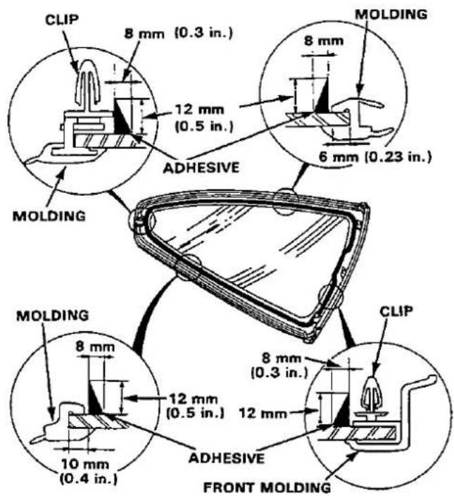 CLIP 8 mm (0.3 in.) 12 mm (0.5 in.) 6 mm (0.23 in.) MOLDING MOLDING 10 mm (0.4 in.) 12 mm (0.5 in.) 12 mm ADHESIVE FRONT MOLDING MOLDING CLIP 8 mm (0.3 in.) 8 mm 12 mm (0.5 in.) 12 mm