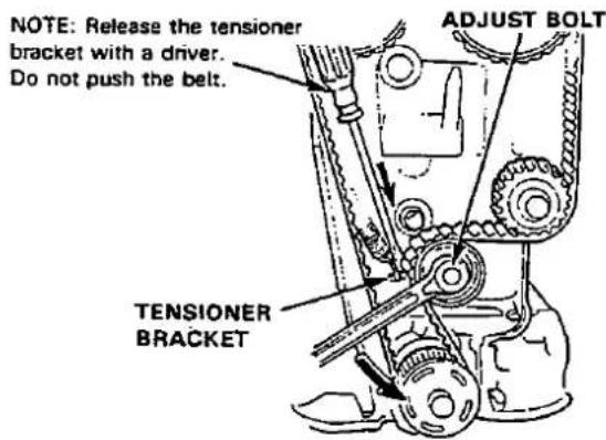 NOTE: Release the tensioner bracket with a driver. Do not push the belt. TENSIONER BRACKET ADJUST BOLT