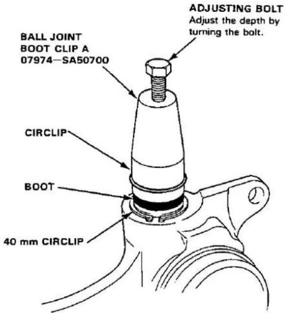 BALL JOINT BOOT CLIP A 07974—SA50700 ADJUSTING BOLT Adjust the depth by turning the bolt. CIRCLIP BOOT 40 mm CIRCLIP
